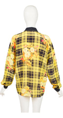 1990s Floral Yellow Plaid Silk Collared Blouse