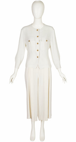 1980s White Rayon Crepe Culotte Pant Suit