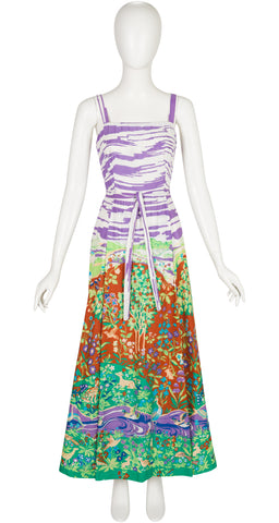 1970s Woodland Creature Print Cotton Maxi Wrap Dress