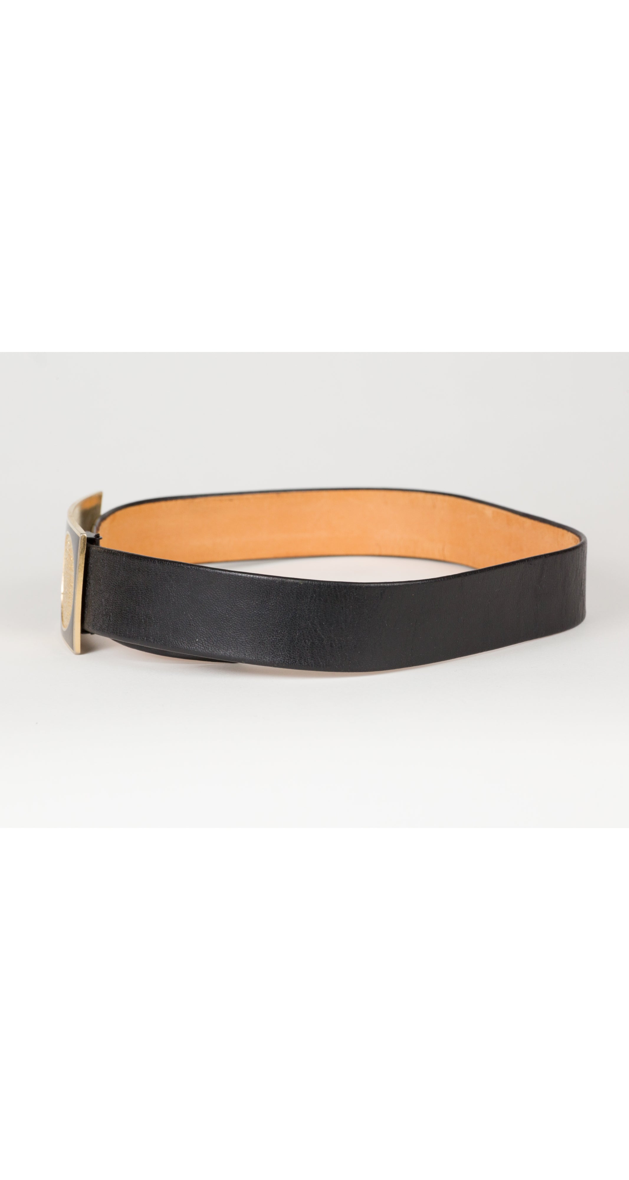 1970s Modernist Gold Buckle Black Leather Belt