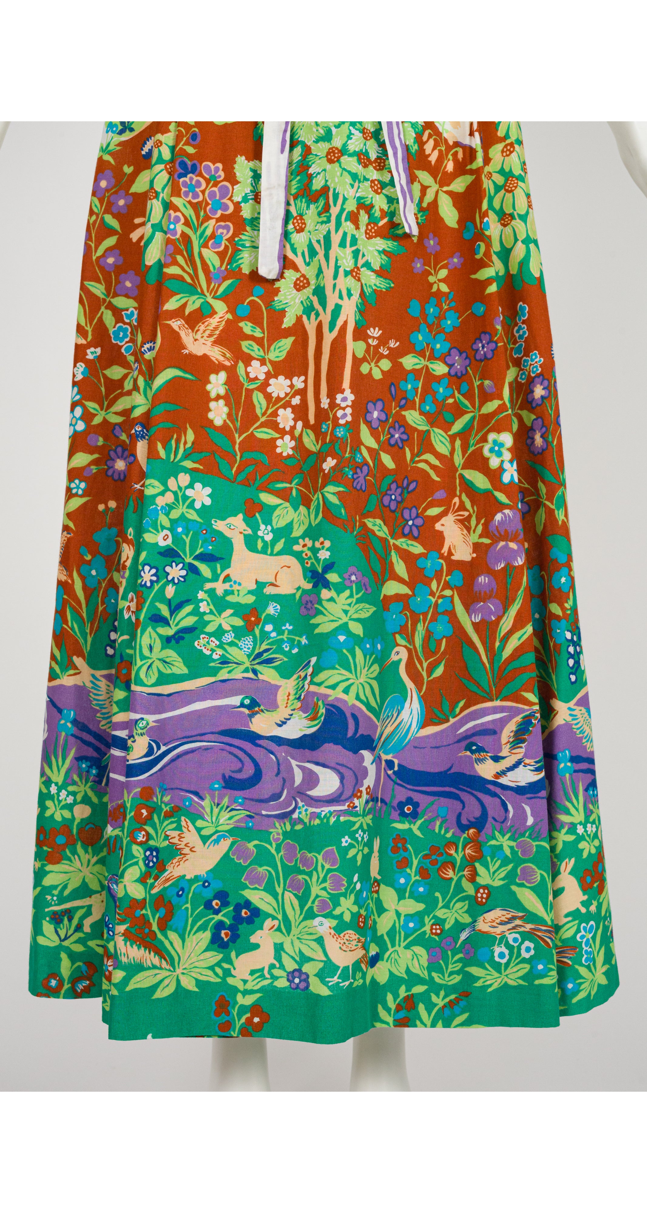 1970s Woodland Creature Print Cotton Maxi Wrap Dress