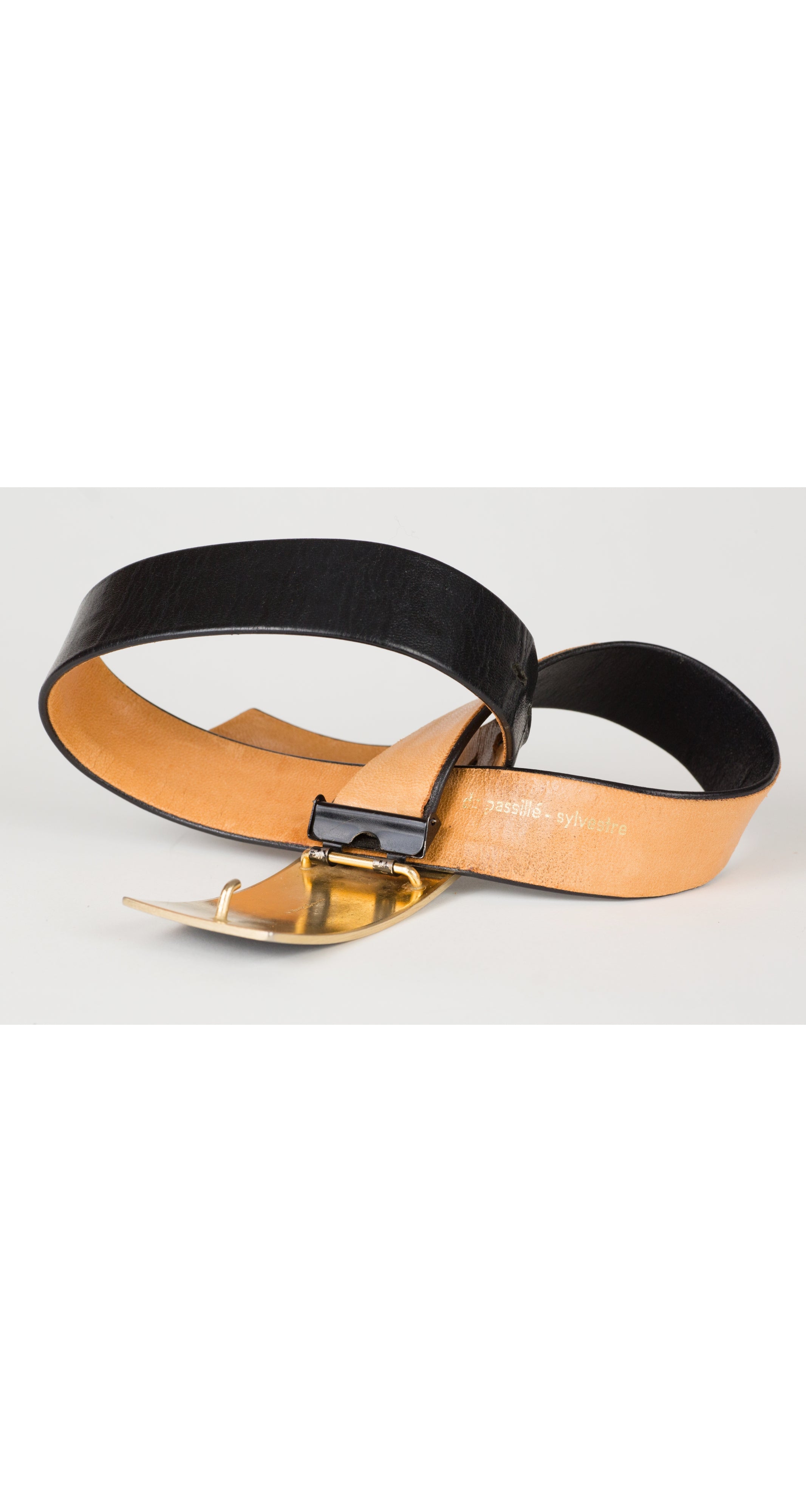 1970s Modernist Gold Buckle Black Leather Belt