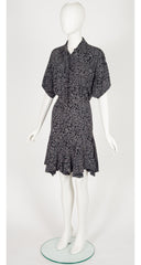 1984 S/S Lasso Print Black Rayon Blouson Shirt Dress