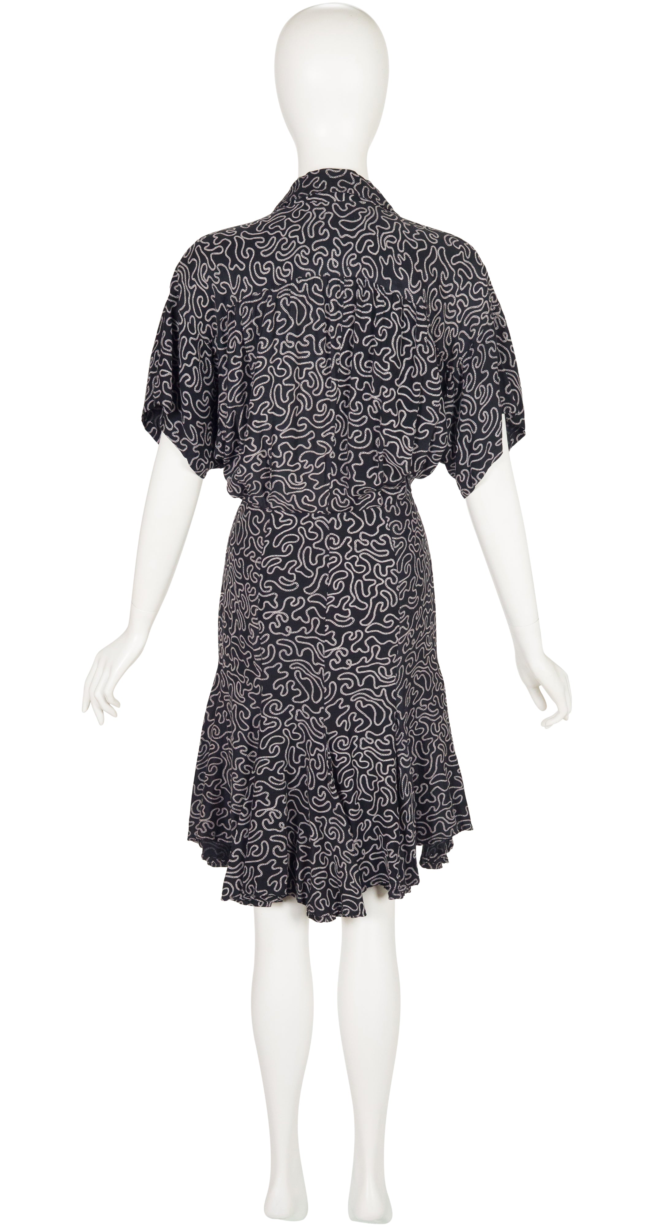 1984 S/S Lasso Print Black Rayon Blouson Shirt Dress