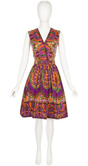 1960s Bird Batik Print Cotton Sleeveless Day Dress