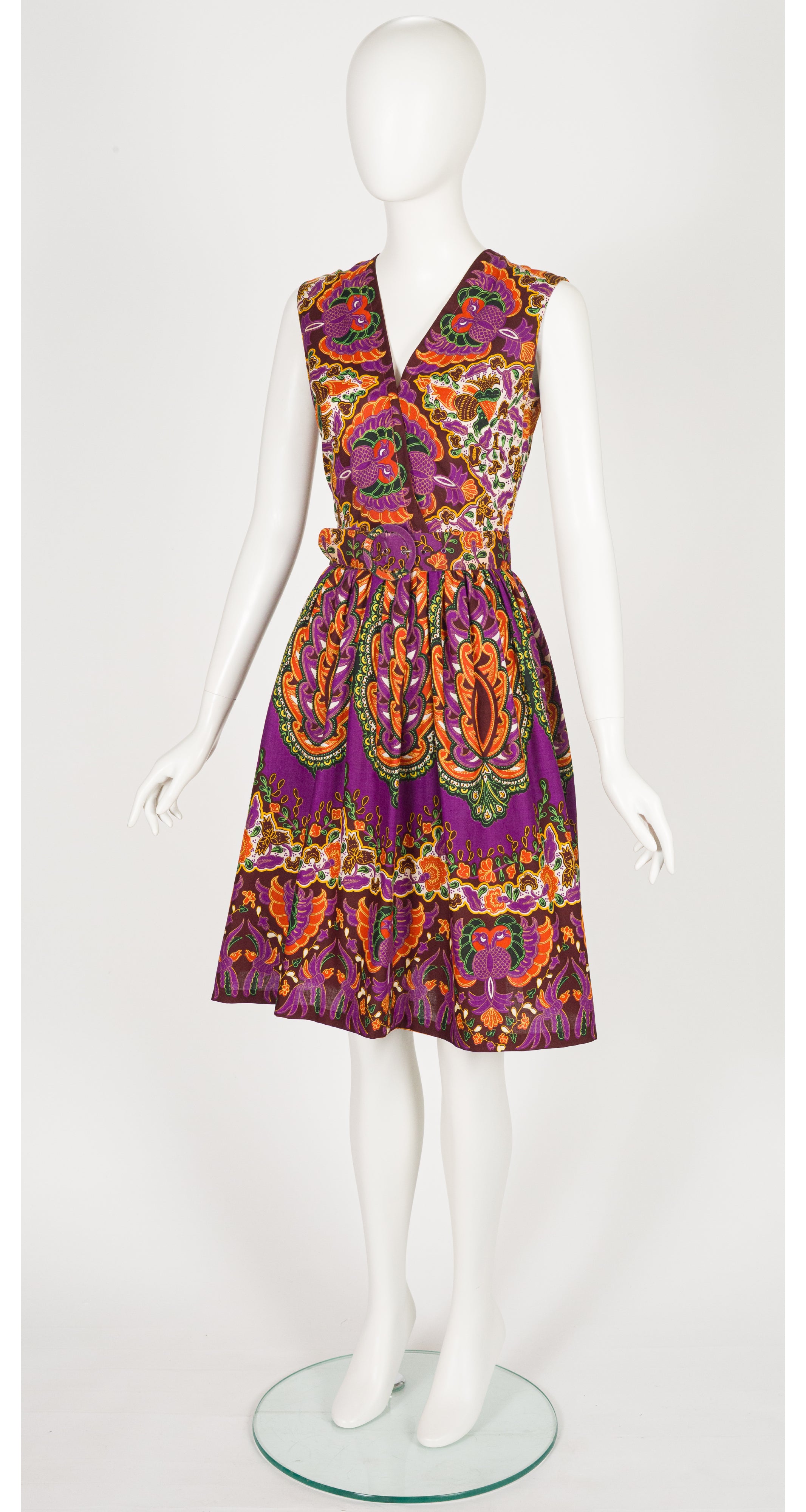 1960s Bird Batik Print Cotton Sleeveless Day Dress