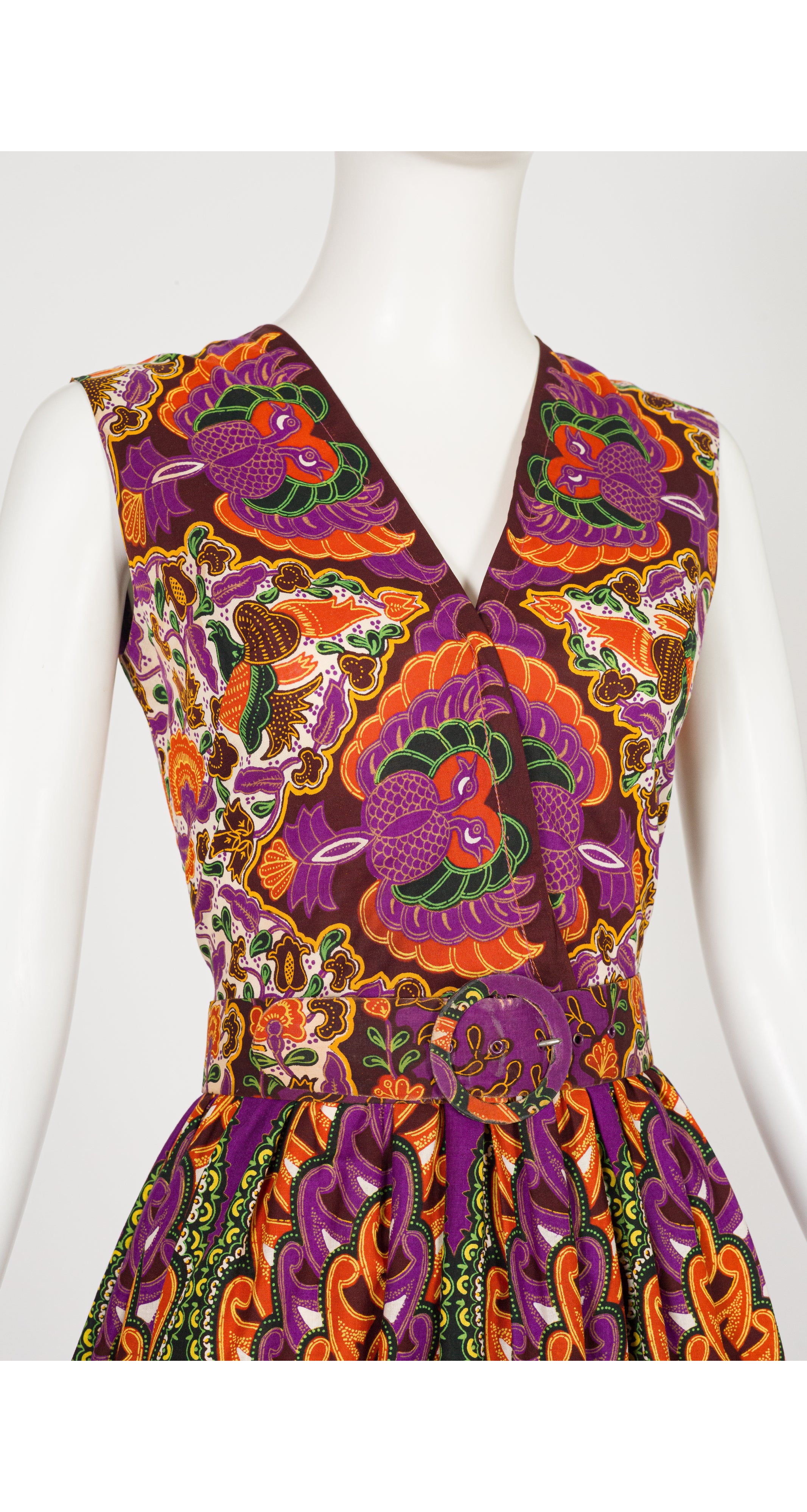 1960s Bird Batik Print Cotton Sleeveless Day Dress