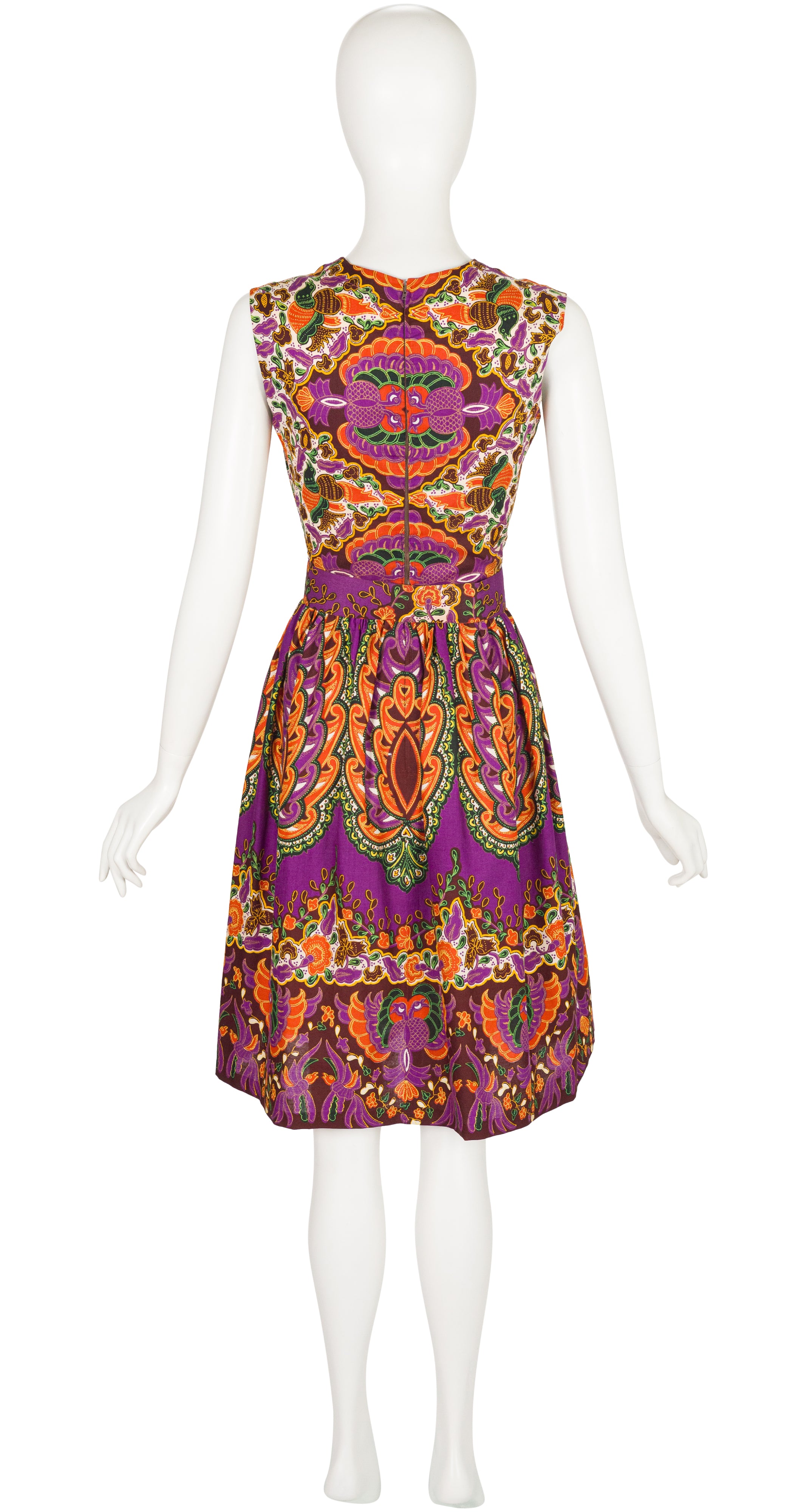 1960s Bird Batik Print Cotton Sleeveless Day Dress