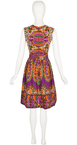 1960s Bird Batik Print Cotton Sleeveless Day Dress