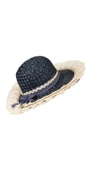 1960s Navy & Cream Straw Wide Brim Sun Hat