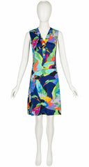 1970s Flying Bird Print Jersey Sleeveless Shift Dress