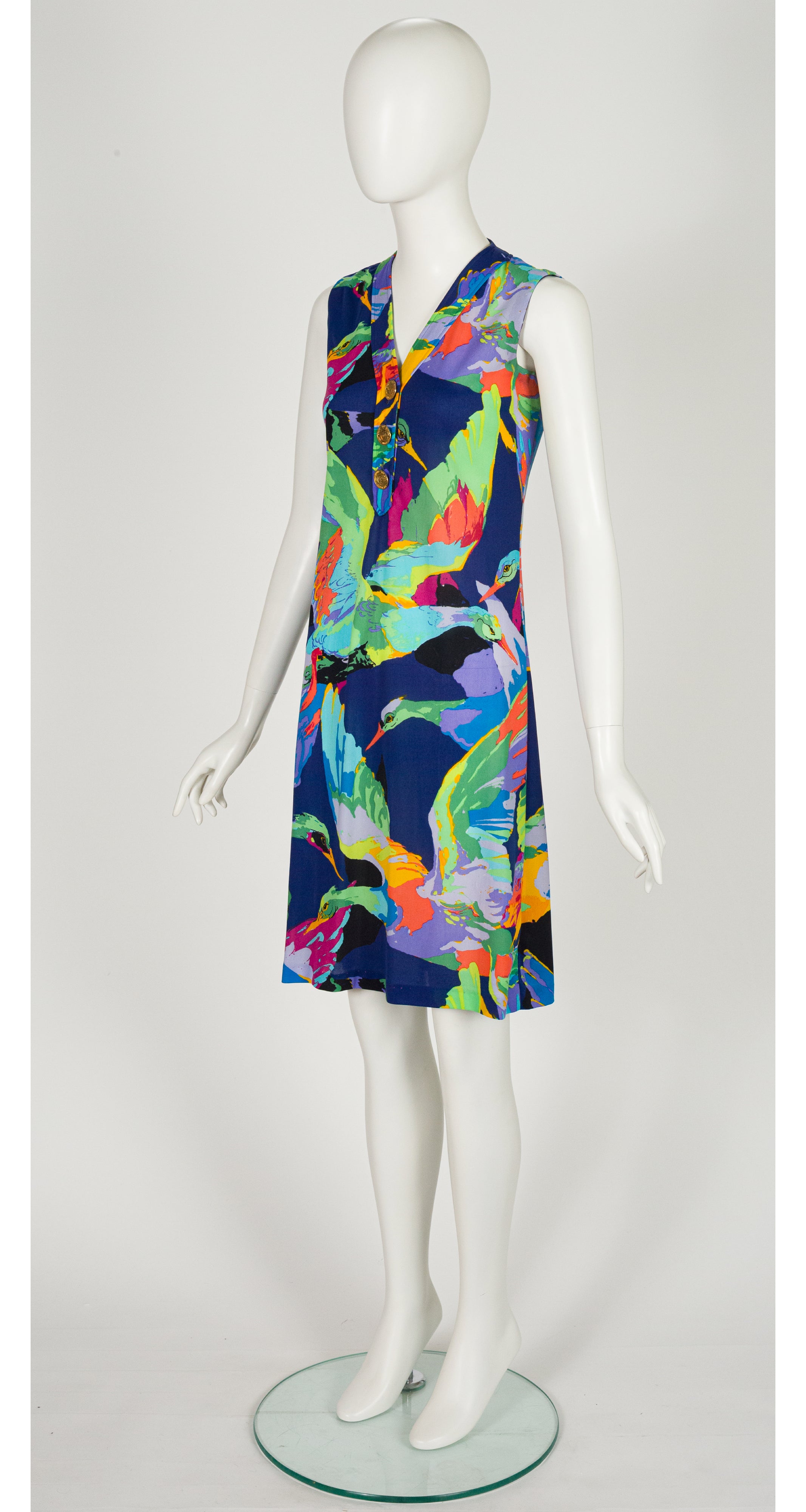 1970s Flying Bird Print Jersey Sleeveless Shift Dress
