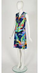 1970s Flying Bird Print Jersey Sleeveless Shift Dress