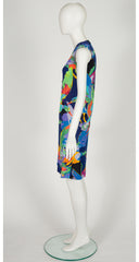 1970s Flying Bird Print Jersey Sleeveless Shift Dress