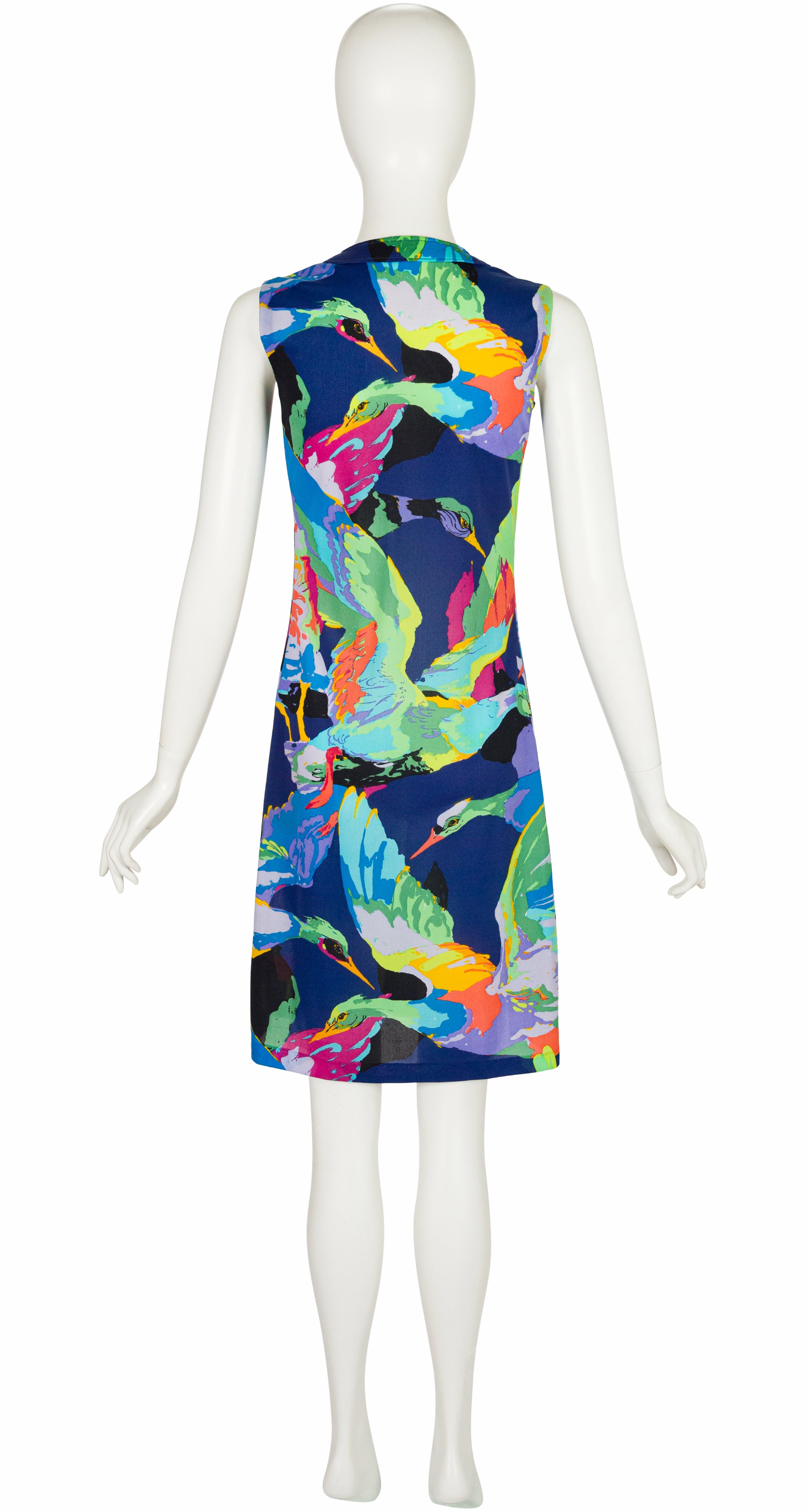 1970s Flying Bird Print Jersey Sleeveless Shift Dress