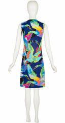 1970s Flying Bird Print Jersey Sleeveless Shift Dress