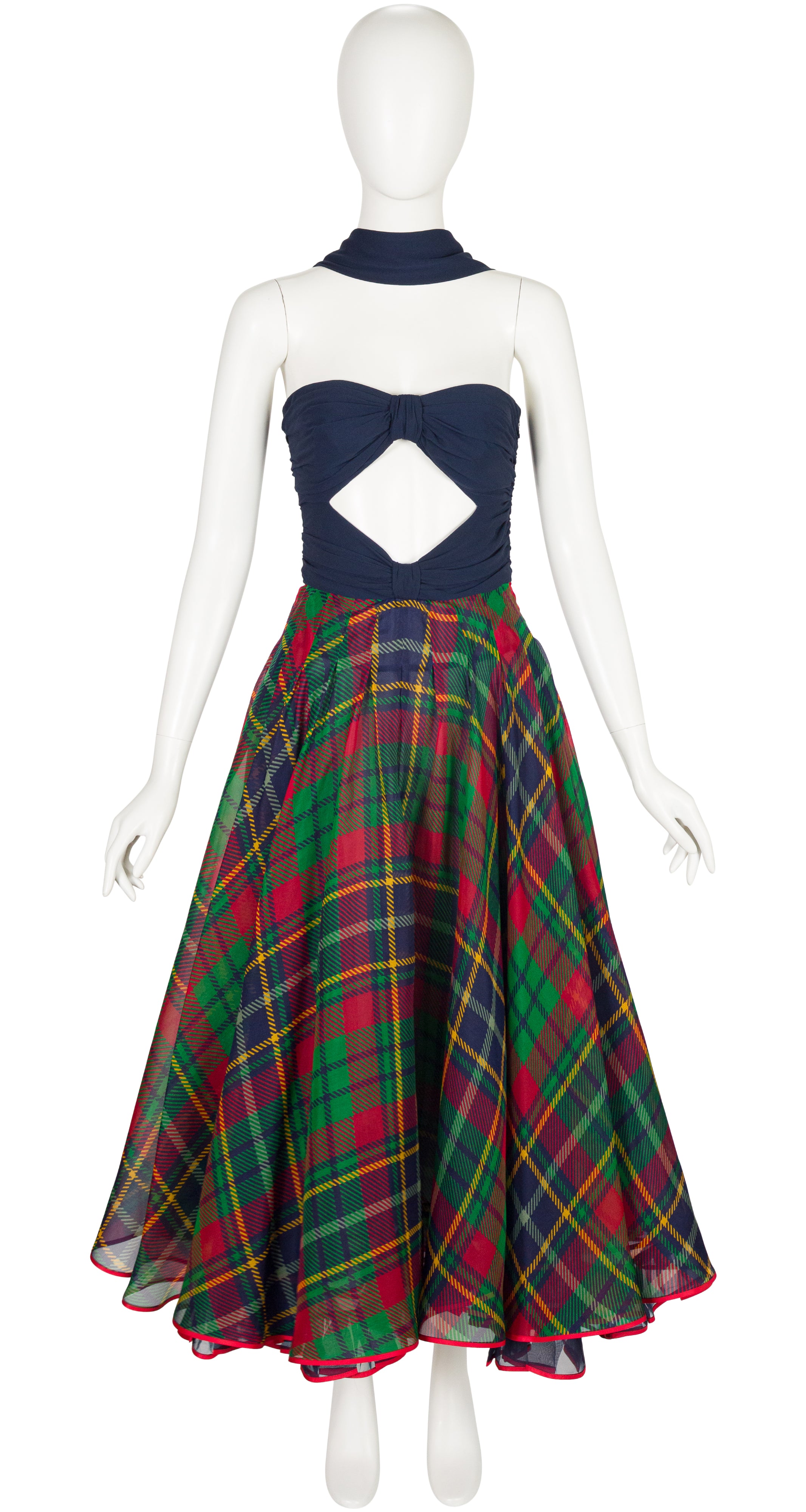 1991 S/S Navy Tartan Silk Cut-Out Bustier Gown