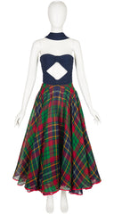 1991 S/S Navy Tartan Silk Cut-Out Bustier Gown