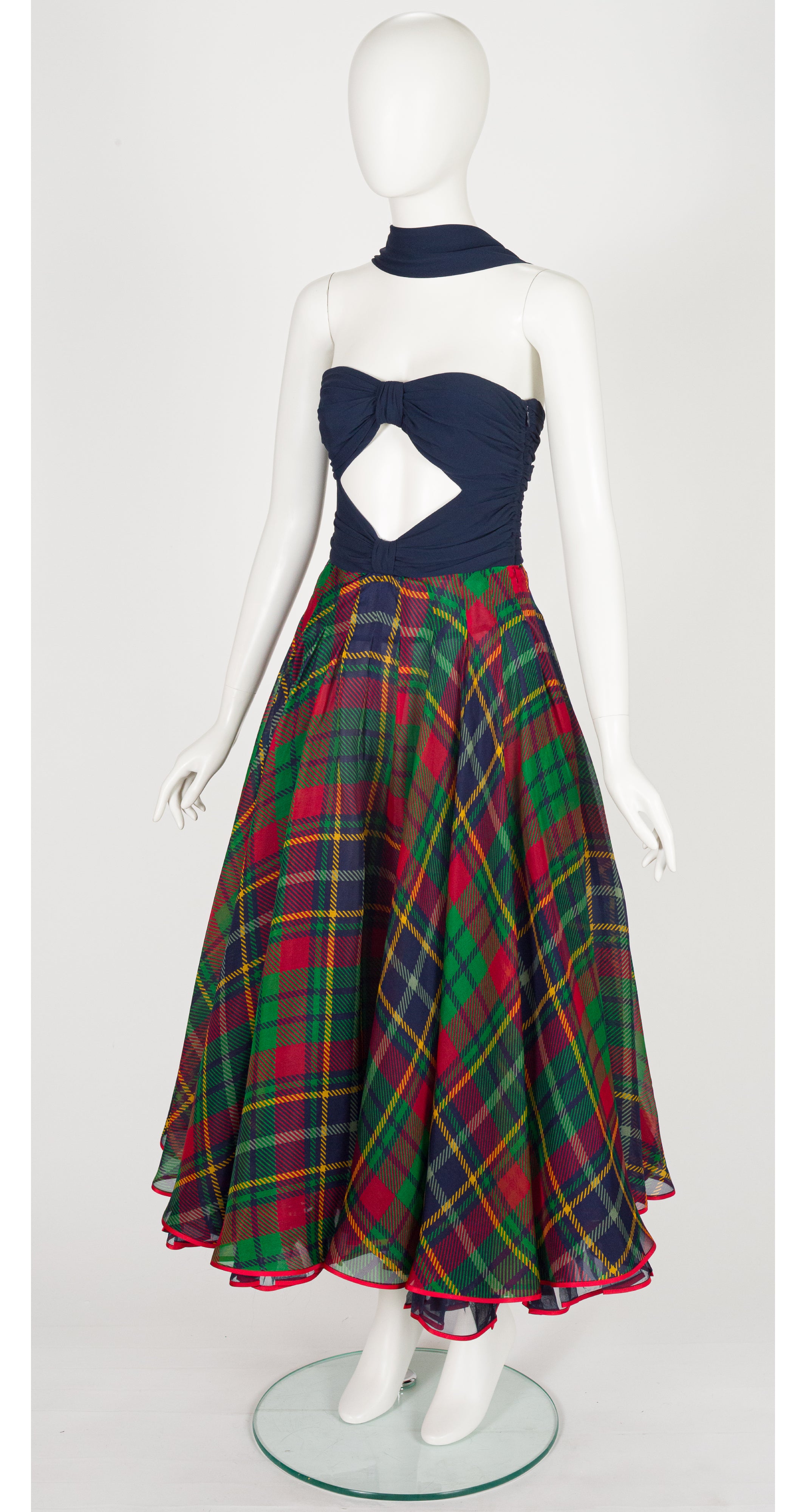 1991 S/S Navy Tartan Silk Cut-Out Bustier Gown