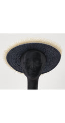 1960s Navy & Cream Straw Wide Brim Sun Hat