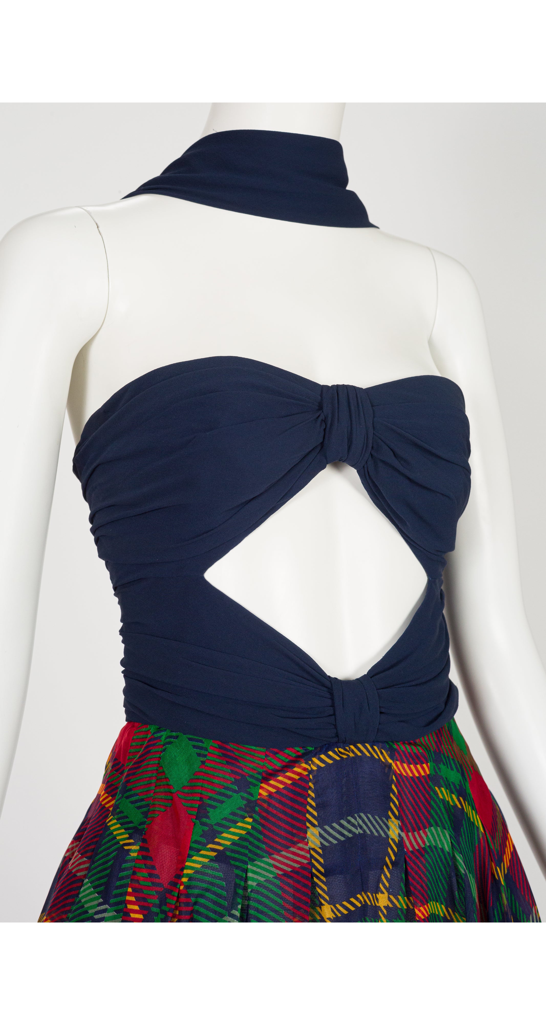 1991 S/S Navy Tartan Silk Cut-Out Bustier Gown