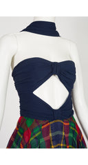 1991 S/S Navy Tartan Silk Cut-Out Bustier Gown