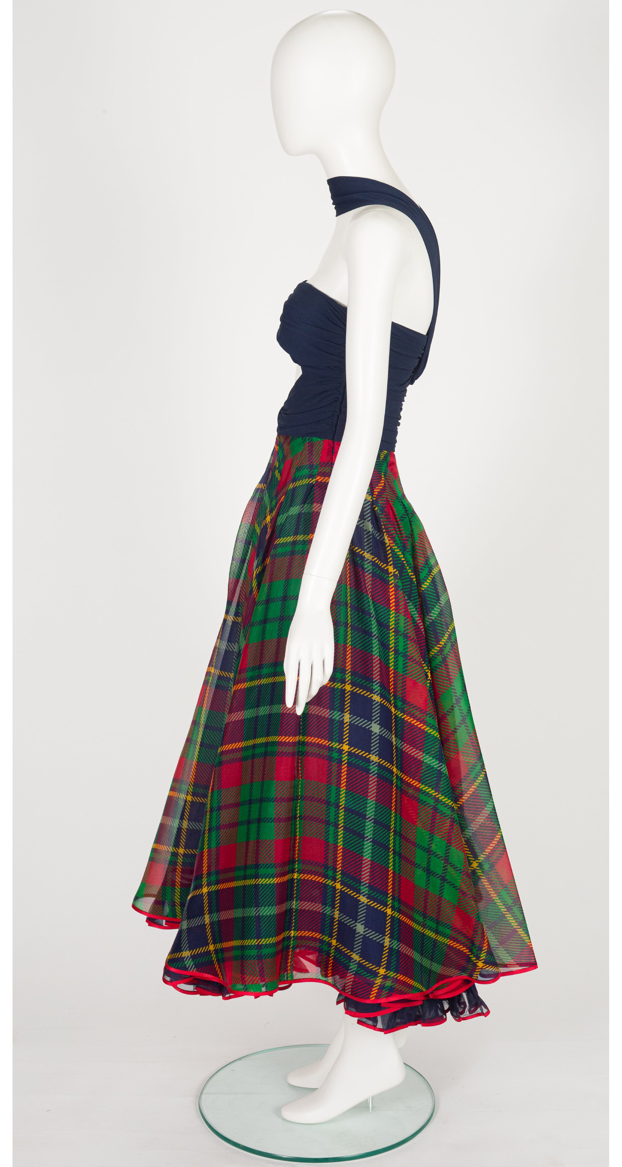 1991 S/S Navy Tartan Silk Cut-Out Bustier Gown