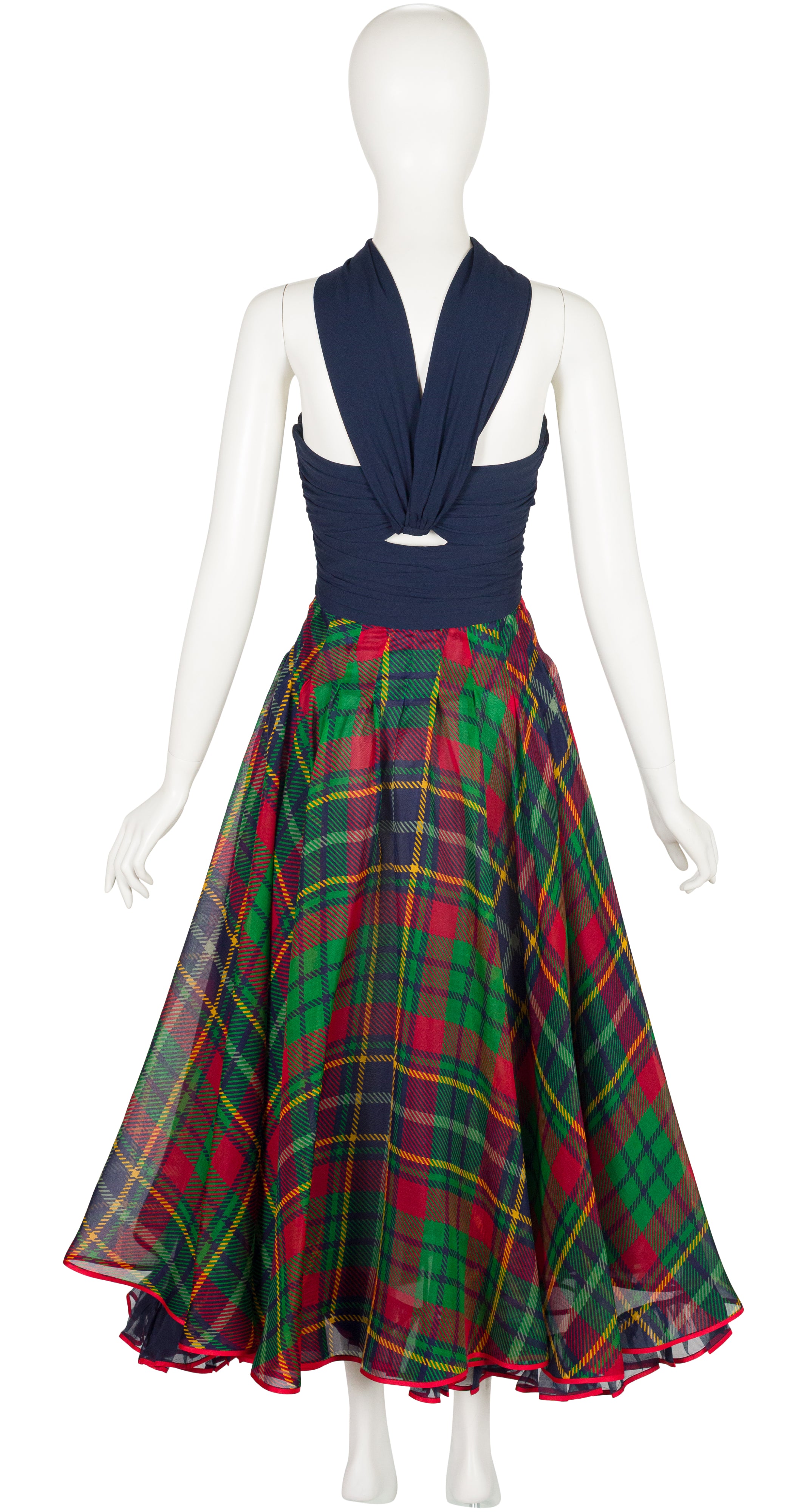1991 S/S Navy Tartan Silk Cut-Out Bustier Gown