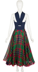 1991 S/S Navy Tartan Silk Cut-Out Bustier Gown