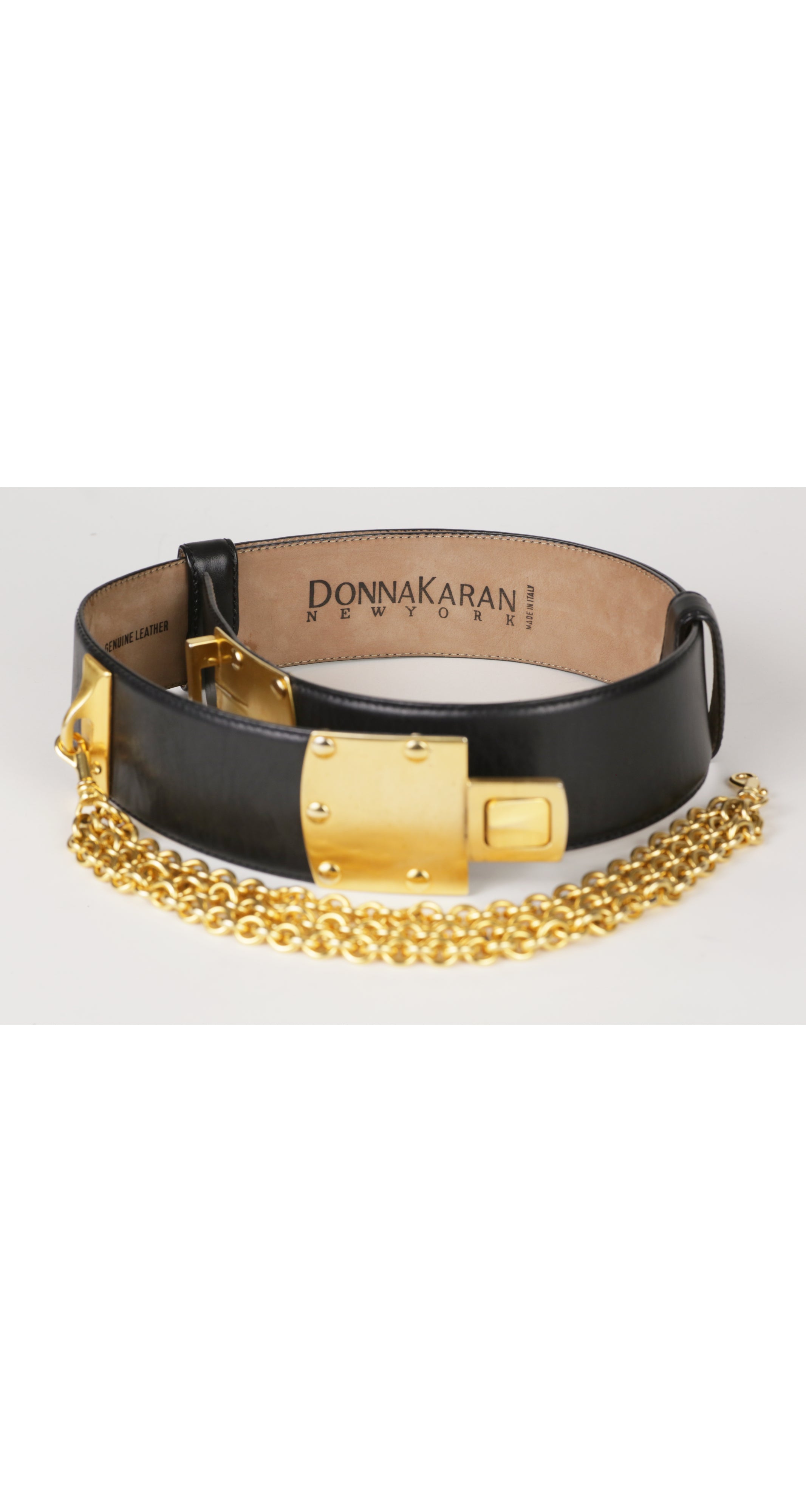 1985 Documented Gold Metal Chain Black Leather Belt