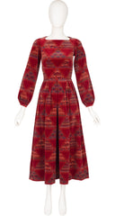 1975 Geometric Print Red Cotton Velvet Dress