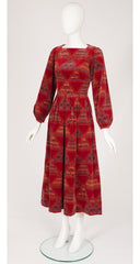 1975 Geometric Print Red Cotton Velvet Dress