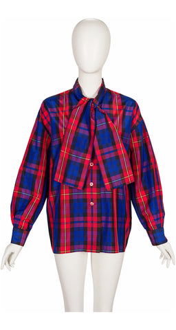 1992 F/W Blue & Red Plaid Silk Taffeta Tie-Neck Blouse