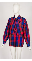 1992 F/W Blue & Red Plaid Silk Taffeta Tie-Neck Blouse