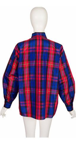 1992 F/W Blue & Red Plaid Silk Taffeta Tie-Neck Blouse