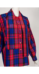 1992 F/W Blue & Red Plaid Silk Taffeta Tie-Neck Blouse