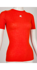 1970s Logo Orange Ribbed Knit Short Sleeve Top