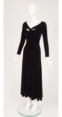 1990s Black Velour Twist Bust Evening Dress
