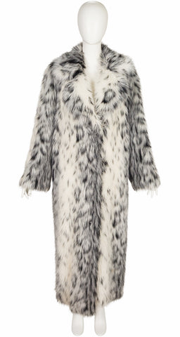 1970s faux lynx fur full-length coat on mannequin 