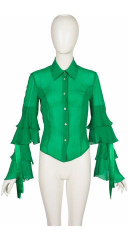 2000s Emerald Green Silk Chiffon Tiered Bow Sleeve Blouse