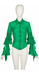 2000s Emerald Green Silk Chiffon Tiered Bow Sleeve Blouse