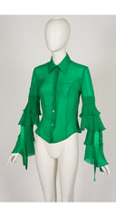 2000s Emerald Green Silk Chiffon Tiered Bow Sleeve Blouse