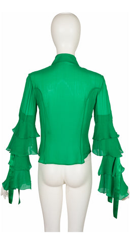 2000s Emerald Green Silk Chiffon Tiered Bow Sleeve Blouse