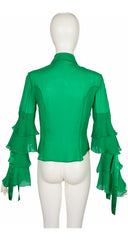 2000s Emerald Green Silk Chiffon Tiered Bow Sleeve Blouse