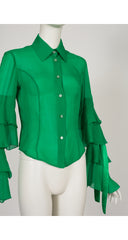 2000s Emerald Green Silk Chiffon Tiered Bow Sleeve Blouse