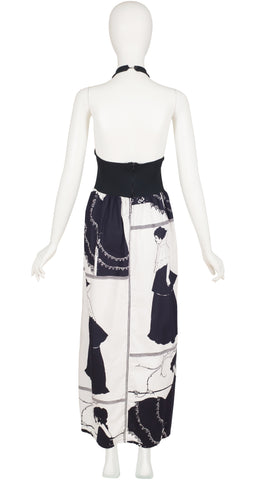 1970s Aubrey Beardsley Print Halter Neck Maxi Dress