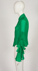 2000s Emerald Green Silk Chiffon Tiered Bow Sleeve Blouse