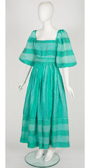 1980s Turquoise Silk Organza Puff Sleeve Gown