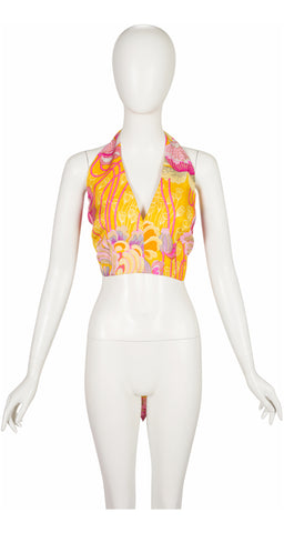 1970s Floral Print Yellow Silk Twill Halter Crop Top