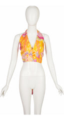 1970s Floral Print Yellow Silk Twill Halter Crop Top